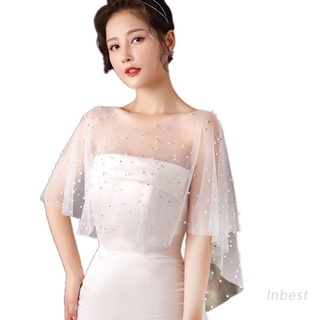 INB Women Sheer Tulle Pleated Wedding Shawl Rhinestone Pearl Beaded White Capelet Bolero Vintage High Low Shrug Wrap Cape for Dress Cover Up