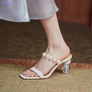 Transparente cristal tacón alto zapatos con sandalias y zapatillas para las mujeres s verano desgaste moda 2021 nuevas sandalias de perlas de tacón grueso