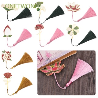 ONETWONEE New Brass Bookmark Stationery Painted Book Clip Lotus Leaf Hollow Tassel School Office Supplies Retro Chinese Style Pagination Mark