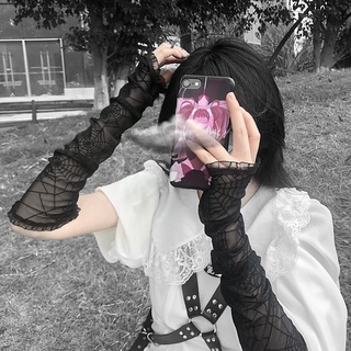 Harajuku Punk Negro Araña Web Guantes Góticos Sin Dedos De Encaje Malla Manoplas Streetwear Cosplay Mujeres Medio Dedo Longitud De Manga