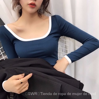 [swr]sexyucollar manga larga camiseta de mujer versión coreana de la camisa de fondo