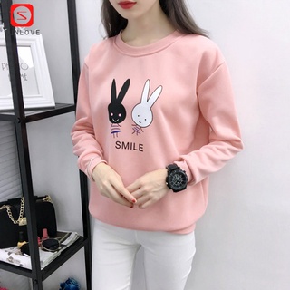 Women Autumn Hoodies Cartoon Rabbit Pattern Tops Round Neck Long Sleeve Sweater