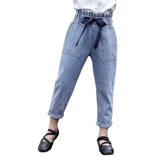 jeans niña de alta espera de los niños vaqueros para las niñas gran arco jeans para niños ropa sólida para niñas 6 8 10 12 14 (1)