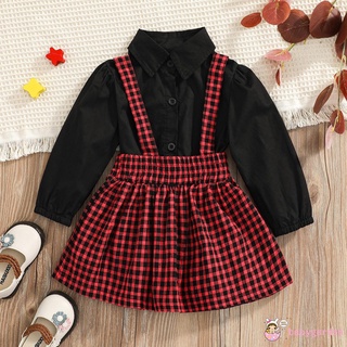 Babygarden-baby Girls Casual conjunto de ropa de dos piezas, blusa de Color sólido negro y patrón impreso a cuadros falda liguero, 1-5 años