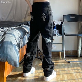 ∋❍MILK European and American high street hot diamond cross jeans vibe style loose straight hiphop fried street pants for men and women (3)