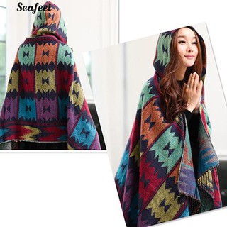 [seafeel]manto con capucha con patrón geométrico estilo étnico/mantel largo/chal/bufanda Poncho (7)