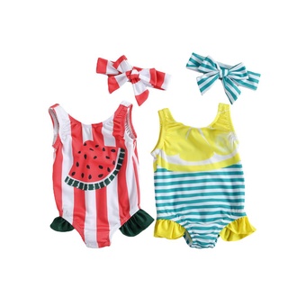 ♨Rh-2 piezas trajes de baño de verano para niñas, sin mangas de fruta y rayas, cuello en forma de U volantes trajes de baño de una sola pieza +