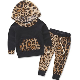 leopardo bebé niñas niños niños sudadera con capucha tops+pantalones 2pcs trajes
