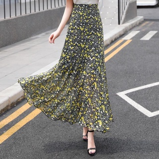 Falda de cintura alta Falda de una línea de falda de sirena falda de media longitud gasa de media longitud floral dobladillo grande