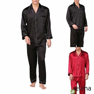 ◐Os♥Conjunto de ropa de dormir de 2 piezas, cuello de Turn-Down para hombre, manga larga, pantalones largos para primavera, S/M/L/XL/XXL