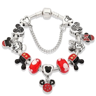 Pulsera de plata Pandora roja / Cuentas de cristal / Colgantes de Mickey / Minnie / Corazón