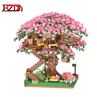 BZDA Mini Sakura Árbol Casa Bloques Japonés Street View Cherry Blossom Modelo De Construcción MOC Ladrillos Juguetes Regalos