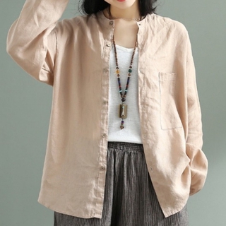 Wanita Autumn Vintage Fesyen Warna Pepejal Longgar Baju Kasual Plus Saiz Puncak Butang Baju