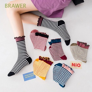 BRAWER Sweet Korean Tube Socks Breathable Hosiery Women Cotton Socks Trendy Ruffle College style For Girls Autumn Winter Japanese Stripe/Multicolor