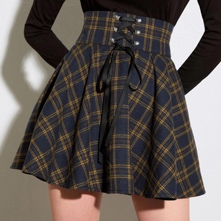 Women Fashion Retro Punk Plaid Print Skirt Strap Zipper Short Skirt