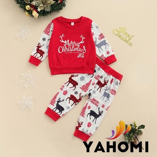 Yaho bebé navidad conjunto de ropa de ciervo impresión de manga larga O-cuello camiseta+pantalones elásticos de cintura