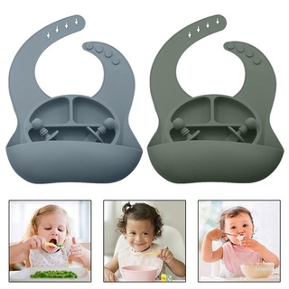 Shwnee 4 piezas de color sólido bebé placa de silicona tazón niño tazón de alimentación con babero tenedor cuchara portátil platos de bebé niños vajilla conjunto de suministros de bebé