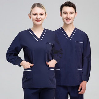 2 unids/Set nueva moda mujeres hombres Unisex V-cuello de manga larga bolsillo superior + pantalones exfoliante conjunto de enfermería ropa de trabajo enfermera uniforme quirúrgico traje