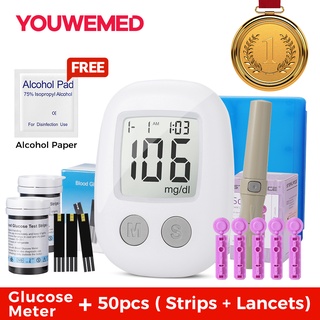 Youwemed Glucometer Con 50 Tiras De Prueba 50pcs Lancetas Kit De Azúcar En Sangre Monitor De Glucosa