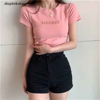 dopinkmay mujer camiseta manga corta letra bordado impresión slim tops verano camiseta cl