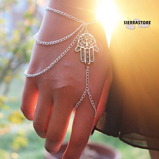 sierrastore Women\'s Hamsa Hand Asymmetric Slave Tassel Chain Harness Finger Ring Bracelet (1)