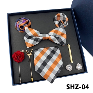 Corbata de hombre de lujo lazos de boda + lazos + bolsillo cuadrado + broche + gemelos +juegos de Clip de corbata con caja del día del padre (9)