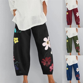 Loose Casual Pants Women Cropped Trousers Floral Printed Elastic Waist Pants with Pocket Pants