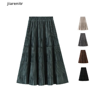 [jiarenitr] Female Vintage Long Velvet Pleated Skirt Autumn Ladies High Waist A line Skirt .