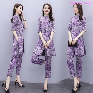 【Ready Stock】 Women Suit Large Size Temperament Suit Printed Thin Ninth-pants Middle Sleeve Two-piece Suit