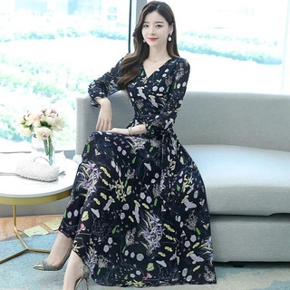 Otoño de las mujeres cuello V manga larga impresión Floral Maxi vestido elegante temperamento delgado y largo una línea de vestidos (1)