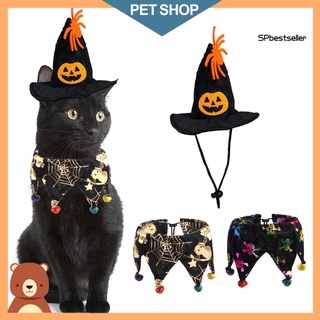 spb pet bib gorra conjunto de impresión campana decoración cosplay prop fieltro tela gato bruja sombrero pañuelo para halloween