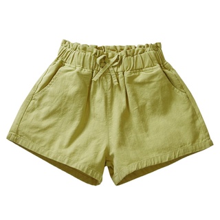 ♀Hq☾Pantalones cortos de verano para bebé niña, niños de Color sólido, bolsillo inclinado, pantalones con lazo (amarillo claro, verde claro)