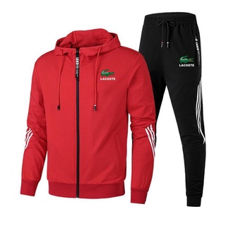 New Lacoste Men Tracksuit Hooded Coats+Pants Sweatshirt Drawstring Outfit Sportswear Male Pullover Two Piece Set