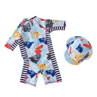 【Chiron】Boy Jumpsuit One-piece Swimsuit Blue Shark Head Print Hot Spring Clothes (4)