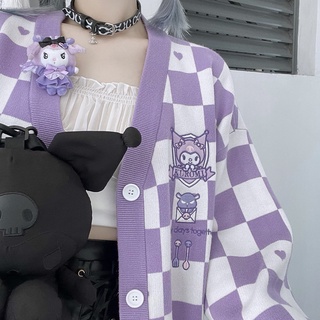 My Melody Kawaii Japonés Harajuku Cinnamon Perro Kuromi JK suéter suelto tablero de ajedrez dulce linda chaqueta de punto (8)