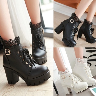 Fashion Women's Thick High Heel Lace Up Ankle Boots Platform Lace Student Shoes