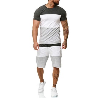 ☽Uf♣Conjunto de ropa deportiva de estilo deportivo para hombre, bloqueo de Color, manga corta, cuello redondo, camiseta con pantalones cortos (7)