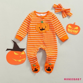 Mg-babies Halloween juego de ropa de dos piezas, rayas naranjas y calabaza impreso patrón de pie mameluco y tocado