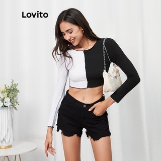 Lovito Casual Colorblock Cropped Top T-Shirt L07084 (Negro) (5)