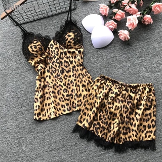 Pijamas Sexy para mujer banyan sensual con cuello en V De encaje con estampado De Leopardo+Shorts