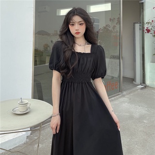 negro de talle alto vestido de cuello cuadrado para las mujeres con gran cortina y cintura falda larga (1)