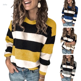 las mujeres de la suerte de manga larga o-cuello suéter de contraste de color rayas suelta punto jersey superior