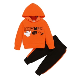 Fl-2Pcs niños chándal de Halloween, letras con capucha sudadera de manga larga + pantalones de empalme para niños, niñas, 6 meses a