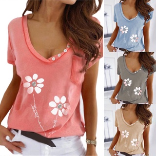 verano de las mujeres suelta casual top color sólido impreso v-cuello de manga corta t-shirt