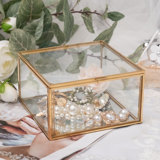 Caja Decorativa De vidrio cuadrado dorado Vintage bronce y caja Decorativa Para decoración del hogar estuche Organizador con cubierta pequeña joyería