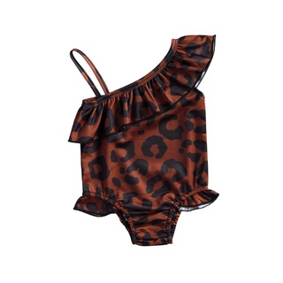 Purp-Niño bebé niñas de una pieza leopardo traje de baño, correa de espagueti oblicua hombro volantes Trim mono trajes de baño