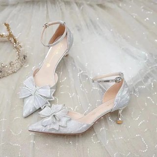 Sweetc Kasut Perempuan mujer tacón alto arco nudo punta punta tacón medio zapatos de boda