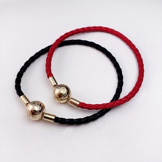 Pulsera de cuero trenzado de plata de ley 925 Pandora de doble bucle de doble bucle rojo negro botón dorado trenzado