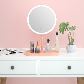 mirr led iluminado espejo de maquillaje de escritorio con ganchos base usb recargable portátil sin paso lámpara de atenuación ajustable ángulo cosmético espejo de tocador para dormitorio (5)