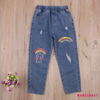 Mg-niños oso arco iris impresión pantalones, niñas cintura elástica Ripped Denim pantalones largos con bolsillos
